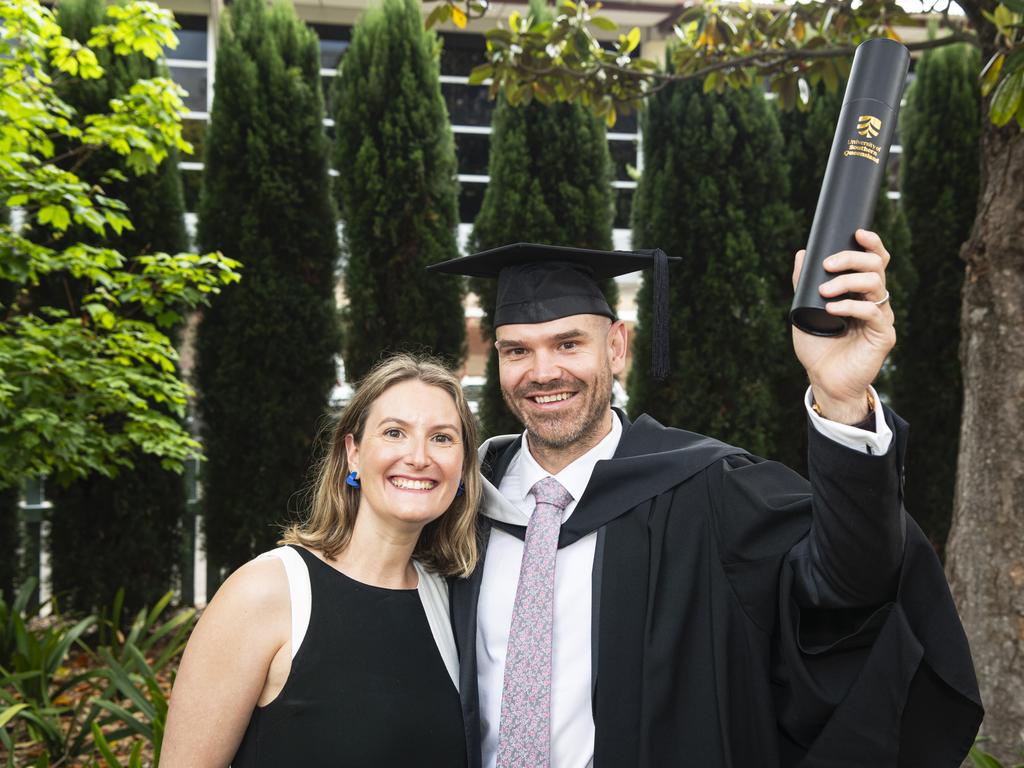 Bachelor of Business graduate Trent Leask with Hannah Paterson at a UniSQ graduation ceremony at The Empire, Wednesday, October 30, 2024. Picture: Kevin Farmer