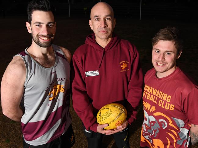 Marty Lambe(Right), Paul Been(2nd from right) and Luke Bogden(3rd from right) pose for a photograph at Koonung Reserve in Blackburn north, Melbourne on Thursday, August 17, 2017. (AAP Image/James Ross) NO ARCHIVING