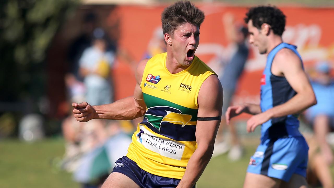 Former Crow Riley Knight celebrates a goal for the Eagles in their win against Sturt at Woodville Oval. Picture: Dean Martin