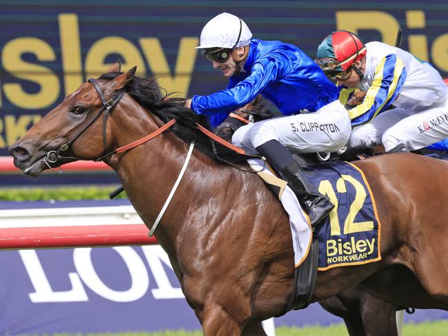 SYDNEY, AUSTRALIA - APRIL 09: Sam Clipperton on Vilana wins race 2 the Bisley Workwear South Pacific Classic during The Championships Day 2, Longines Queen Elizabeth Stakes Day, at Royal Randwick Racecourse on April 09, 2022 in Sydney, Australia. (Photo by Mark Evans/Getty Images)