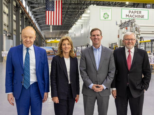 Pratt with US ambassador to Australia Caroline Kennedy, Kentucky Governor Andy Beshear and Australia’s US ambassador Kevin Rudd at the Kentucky mill opening. Picture: Supplied