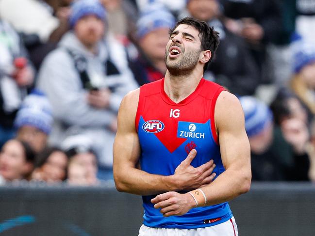 MELBOURNE, AUSTRALIA – JUNE 10: Christian Petracca of the Demons leaves the field injured during the 2024 AFL Round 13 match between the Collingwood Magpies and the Melbourne Demons at The Melbourne Cricket Ground on June 10, 2024 in Melbourne, Australia. (Photo by Dylan Burns/AFL Photos via Getty Images)