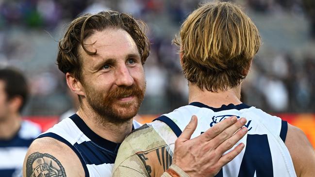 PERTH, AUSTRALIA - AUG 10: Zach Tuohy of the Cats is happy with the win during the 2024 AFL Round 22 match between the Fremantle Dockers and the Geelong Cats at Optus Stadium on August 10, 2024 in Perth, Australia. (Photo by Daniel Carson/AFL Photos via Getty Images)