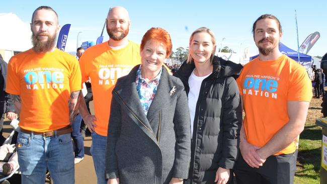 One Nation leader Pauline Hanson with daughter Lee, candidate for Tasmanian senator and Lyons candidate Shaun Broadby, Bass candidate Jordan Potter and Braddon candidate Christopher Methorst. Picture: Alison Foletta