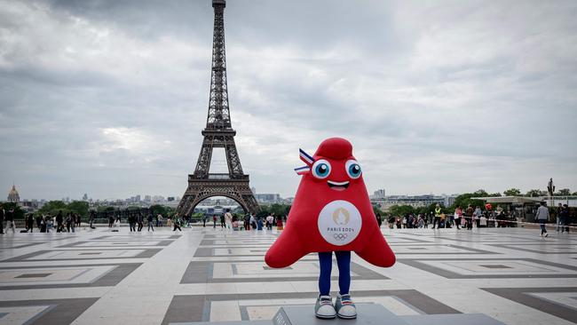 The Phryge, Paris 2024 Olympics mascot poses during a presentation to the press of the Paris on the Trocadero Parvis des Droits de l'Homme (Human Rights square) in front of the Eiffel Tower. Picture: AFP