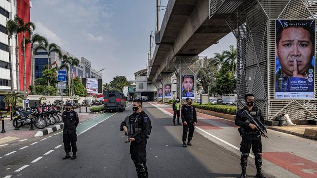 Indonesian police guard the site of an ASEAN emergency meeting on Myanmar in Jakarta on April 24. Picture: AFP