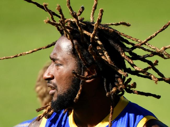 Nic Naitanui in action during an AFL West Coast Eagles training session at Metricon Stadium on the Gold Coast, Wednesday, June 24, 2020. The Eagles are playing the Power in their round 4 AFL match on the Gold Coast on Saturday. (AAP Image/Darren England) NO ARCHIVING