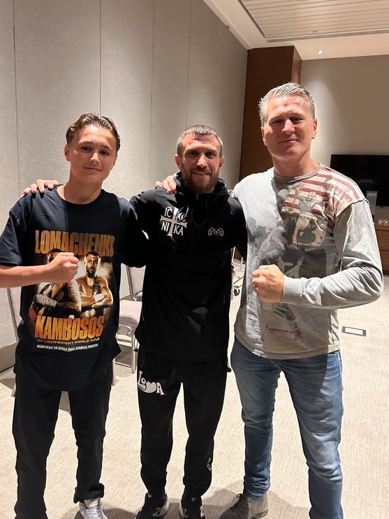 Archie, Vasiliy Lomachenko and Danny Green in Perth last year. Picture: Supplied