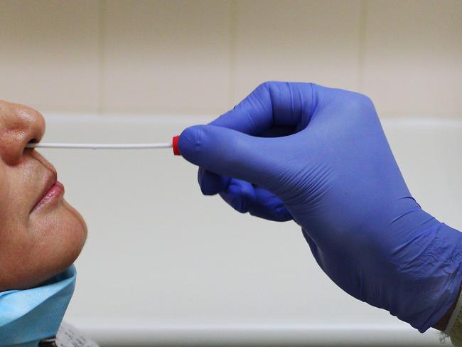 SYDNEY, AUSTRALIA - MAY 15: Registered Nurse Laxman Adhikari conducts a nasal swab test in the clinical assessment room at St George Hospital COVID-19/ Flu Assessment Clinic on May 15, 2020 in Sydney, Australia. St George Hospital has been operating a COVID-19 and flu assessment clinic since 19 March 2020. Since being set up in response to the global coronavirus pandemic, approximately 4107 patients have visited the clinic (as of 13 May 2020), an average of 513 patients per week or 75 per day. The COVID-19 clinic operates seven days a week and is staffed by a team of doctors, nurses, admin support workers, wardspersons and cleaners. All patients are provided with education regarding COVID-19 symptoms, home isolation requirements, hand and respiratory hygiene. If they meet testing criteria, a nose and throat swab is collected. Patients who have been tested are given masks to take home and further information on how to register for AutoSMS or NSW Service App to retrieve their results. While testing in Australia was initially restricted to people who had been in contact with a confirmed COVID-19 case or had severe symptoms, as the country's confirmed infection rate continues to decline and restrictions on social distancing and gatherings begin to ease around the country, Australians with even the mildest symptoms are now being urged to get tested to avoid any coronavirus infection flare ups. In New South Wales nearly 346,000 people have been tested for COVID-19 (as of 14 May 2020), which is one of the highest testing rates in the world. (Photo by Lisa Maree Williams/Getty Images) *** BESTPIX ***