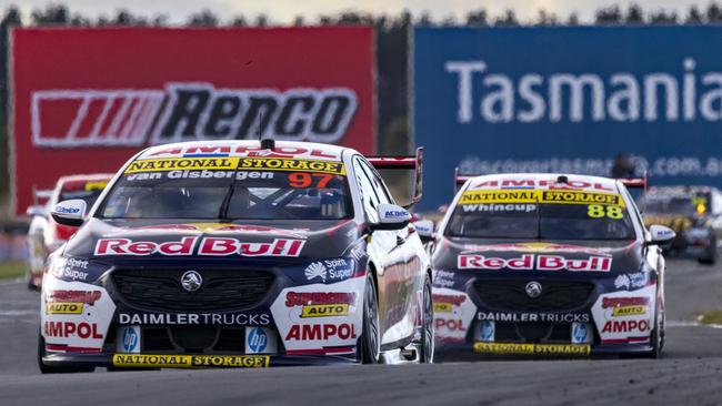 Shane van Gisbergen on his way to winning Saturday’s super sprint at Symmons Plains.