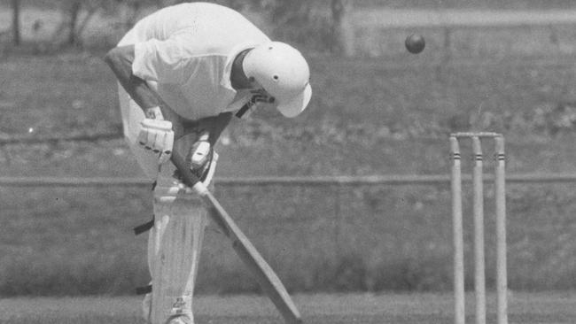 Palmerston batsman Alan Dighton mid-action during a cricket match held at Kahlin Oval. Circa: 8/1996.