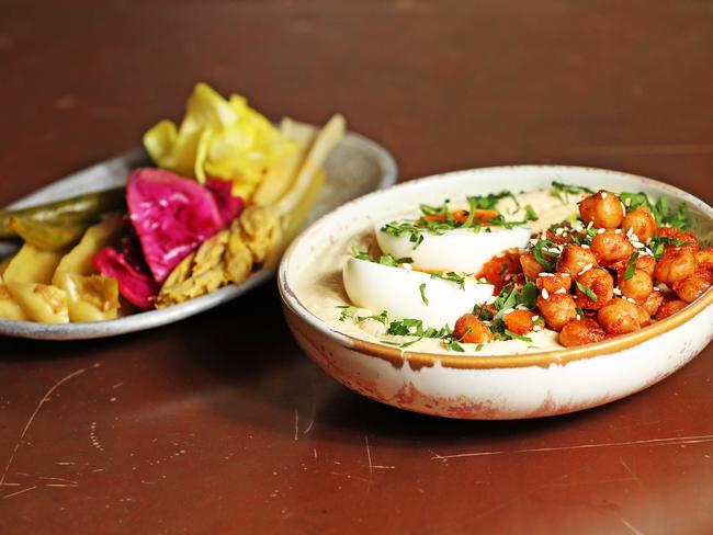 The seasonal hummus with house pickles. Picture: ZAK SIMMONDS