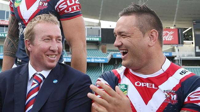 SYDNEY, AUSTRALIA - SEPTEMBER 30: Jared Waerea-Hargreaves and Trent Robinson share a laugh during the Sydney Roosters NRL Grand Final media day at Allianz Stadium on September 30, 2013 in Sydney, Australia. (Photo by Mark Metcalfe/Getty Images)