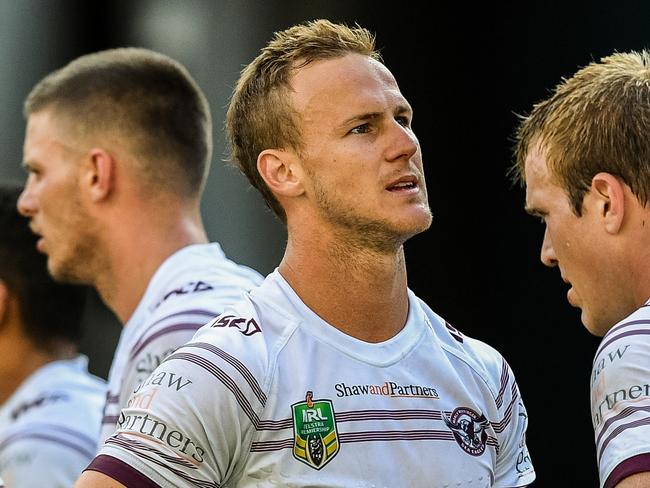 Daly Cherry-Evans (centre) reacts after another Eels try during the Round 7 NRL match between the Parramatta Eels and the Manly-Warringah Sea Eagles at ANZ Stadium in Sydney, Sunday, April 22, 2018. (AAP Image/Brendan Esposito) NO ARCHIVING, EDITORIAL USE ONLY