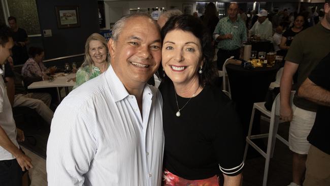 Gold Coast Mayor Tom Tate celebrates his election win with wife Ruth and supporters at the Southport Bowls Club. Picture: Nigel Hallett