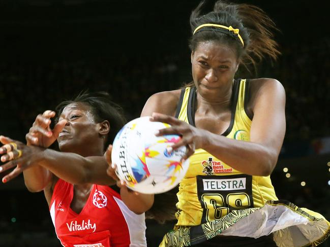 Romelda Aiken  of Jamaica beats Sonia Mkoloma of England to the ball during the England v Jamaica Bronze Medal gamel at Allphones Arena, Sydney Olympic Park. pic Mark Evans