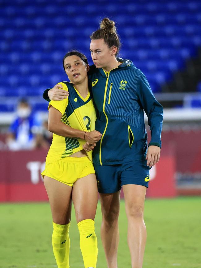 Matildas players after their semi-final loss. Picture: Adam Head