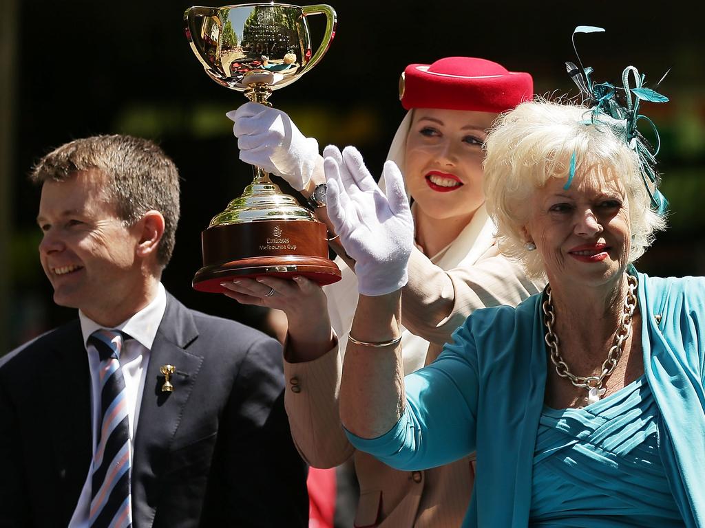 Acting Lord Mayor of Melbourne Susan Riley and VRC Chairman Michael Burn take part in the Melbourne Cup during the 2014 Melbourne Cup parade on November 3, 2014 in Melbourne, Australia. Picture: Getty