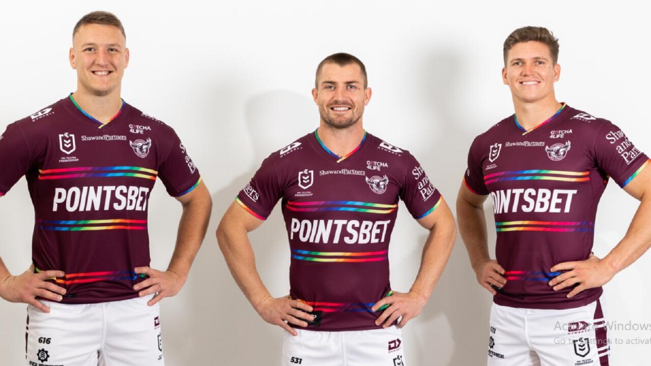 Manly's Sean Keppie, Kieran Foran and Reuben Garrick are proud of their pride costume