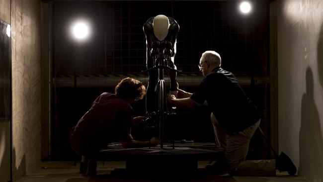  University of Adelaide Associate Professor Richard Kelso, right, and PhD student Shaun Fitzgerald work in the wind tunnel Picture: Che Chorley photography