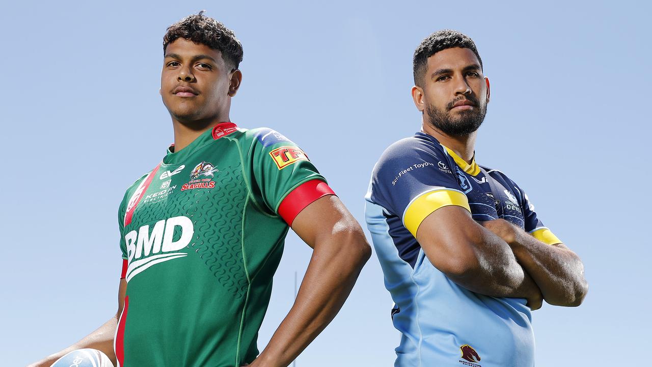 Selwyn Cobbo and Nene Macdonald square off before the Intrust Super Cup grand final. Picture: AAP Image/Josh Woning