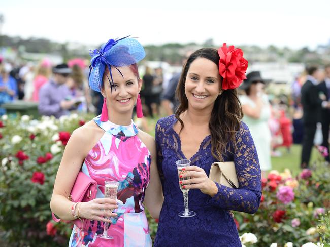 Renee Fenwick and Anna Avoledo all dressed up at Flemington Racecourse on Melbourne Cup Day 2014. Picture: Stephen Harman