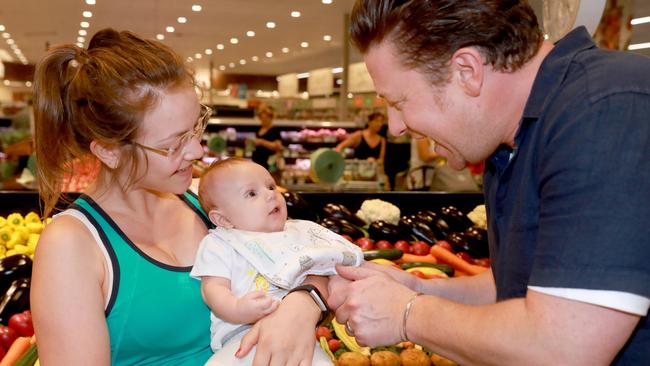 Little Declan and mum Emily were all smiles when Jamie Oliver popped into their local Woolworths.