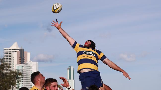 Eagles forward Angus Blake wins a lineout against Surfers Paradise during their rugby union match at James Overell Park, Southport. Photograph : Jason O'Brien