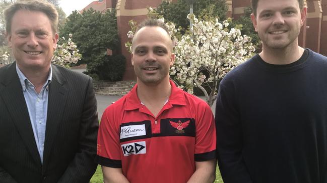 New Old Scotch coach Mark Gnatt with president Tim Shearer and skipper Gene van den Broek. Picture: Supplied