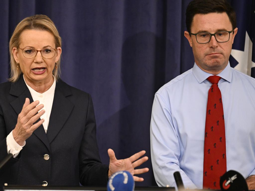 Sussan Ley and David Littleproud unveiled the Coalition’s new-look ministry. Picture: NewsWire / Martin Ollman