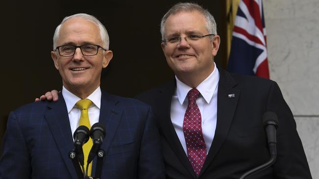 Malcolm Turnbull and Scott Morrison at a media conference in 2018. Picture: AAP