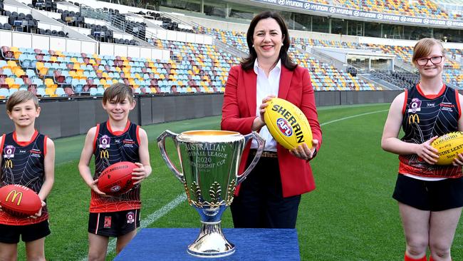 Queensland Premier Annastacia Palaszczuk at the press conference announcing that the Gabba will host this year’s AFL grand final. Picture: Getty Images