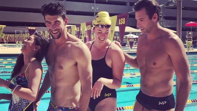 Michael Phelps and wife Nicole (left) host US swimmer Allison Schmitt and Grant Hackett. Picture: Instagram