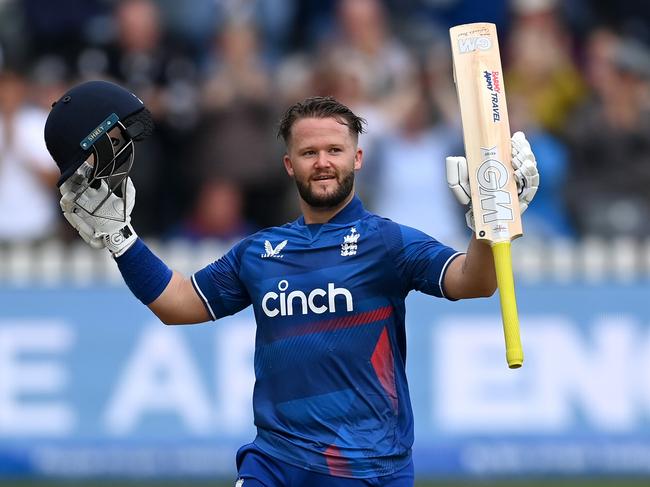 BRISTOL, ENGLAND - SEPTEMBER 26: Ben Duckett of England celebrates reaching his century during the 3rd Metro Bank One Day International at Seat Unique Stadium on September 26, 2023 in Bristol, England. (Photo by Gareth Copley/Getty Images)