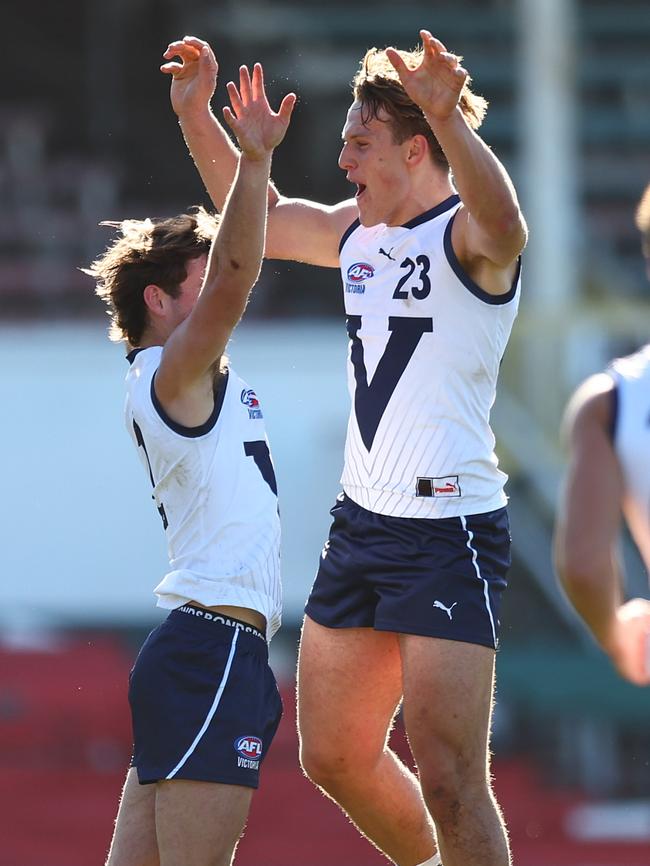 The big body of George Stevens could help Collingwood’s midfield right away. Picture: Graham Denholm/AFL Photos