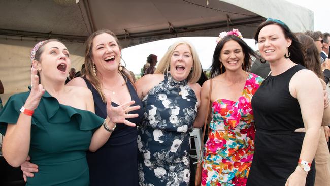 From left; Fiona Jones, Tiana Fry, Keryn Kimber, Steph Mariani and Alana Schluter. IEquine Toowoomba Weetwood Raceday - Clifford Park Saturday September 28, 2024 Picture: Bev Lacey