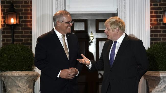 Scott Morrison with Boris Johnson before the remarks to Emmanuel Macron. Picture: Adam Taylor