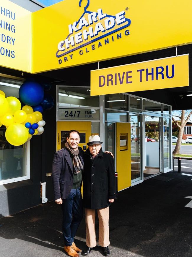 Karl Chehade (right) with his son, also named Karl, outside their drive-through store at Norwood. Picture: KC Dry Cleaning. Picture: KC Dry Cleaning