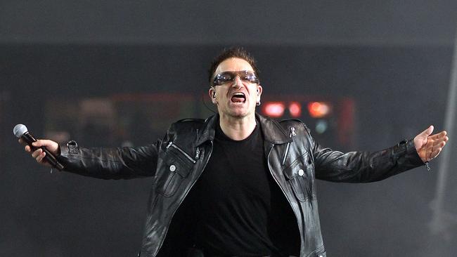 Bono of U2 performs on stage at Etihad Stadium on December 1, 2010 in Melbourne. Picture: Getty