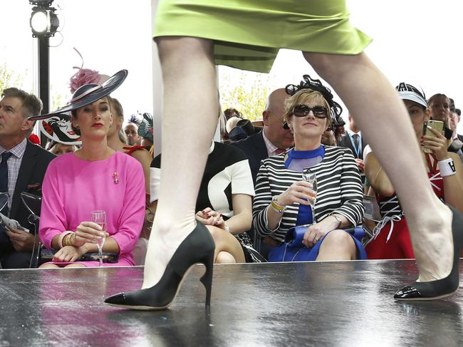 Melbourne Cup Day 2014 Myer Fashion in the Field at Flemington Racecourse. Finalists of Women's Racewear parade for the public and judges. Picture: David Caird.