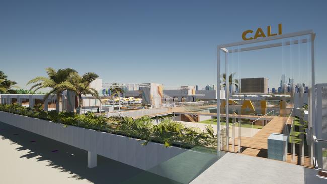 These renders show the new 2000-person capacity, $10m plus Cali Beach Club by Artesian Hospitality. It is under construction on the rooftop of a central Surfers Paradise building and will occupy 5000 square metres.