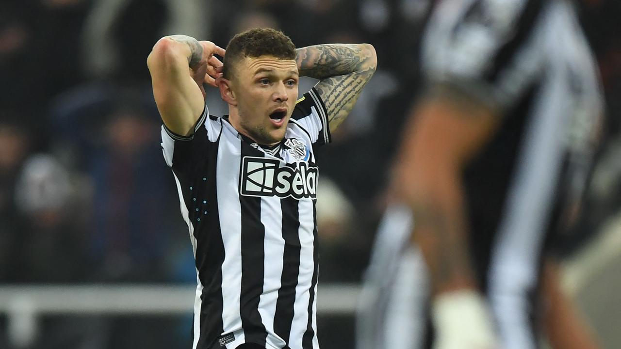 Newcastle United's English defender #02 Kieran Trippier reacts to missing a chance during the English Premier League football match between Newcastle United and Manchester United at St James' Park in Newcastle-upon-Tyne, north east England on December 2, 2023. (Photo by ANDY BUCHANAN / AFP) / RESTRICTED TO EDITORIAL USE. No use with unauthorized audio, video, data, fixture lists, club/league logos or 'live' services. Online in-match use limited to 120 images. An additional 40 images may be used in extra time. No video emulation. Social media in-match use limited to 120 images. An additional 40 images may be used in extra time. No use in betting publications, games or single club/league/player publications. /