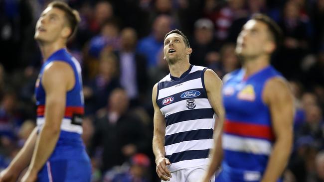 Harry Taylor watches his kick after the siren miss. Picture: Michael Klein