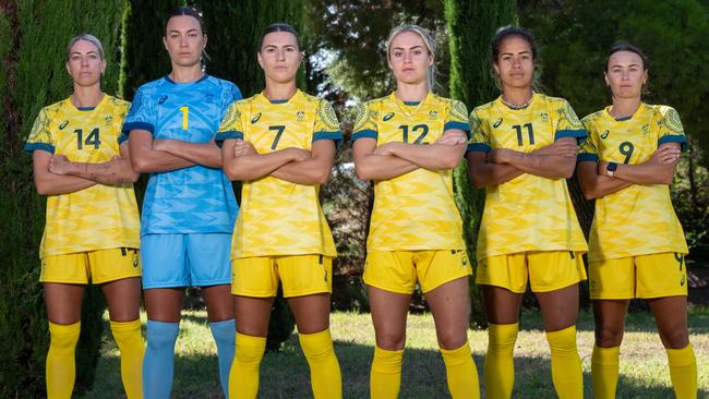 Matildas pose in Paris ahead of their first match. Alanna Kennedy, Mackenzie Arnold, Steph Catley, Ellie Carpenter, Mary Fowler and Caitlin Foord. Picture: Ann Odong