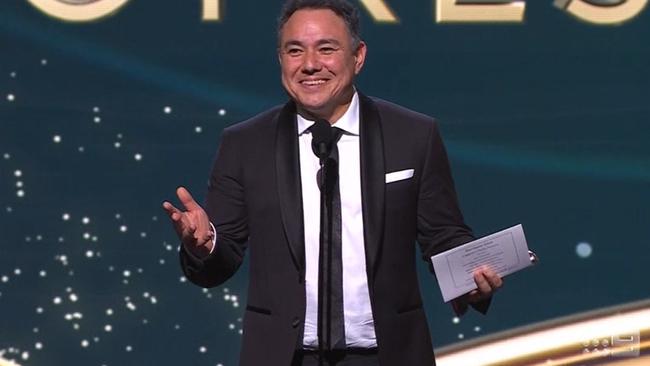Sam Pang accepts the Most Popular Actress Logie award for Kitty Flanagan at this year’s Logies. Picture: Channel 9