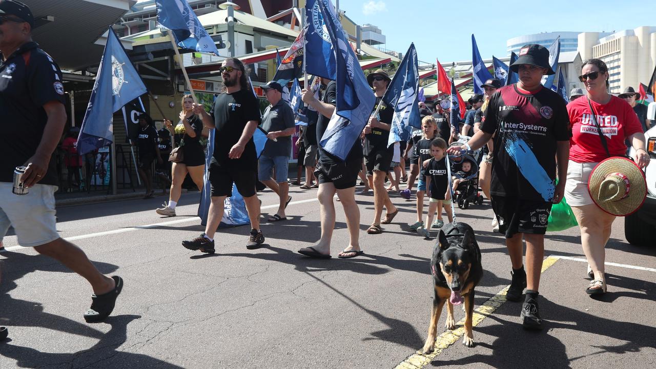 Hundreds of Territorians marched through Darwin for the annual May Day march, celebrating union victories including the eight-hour work week, on Monday, May 5. Picture: Zizi Averill