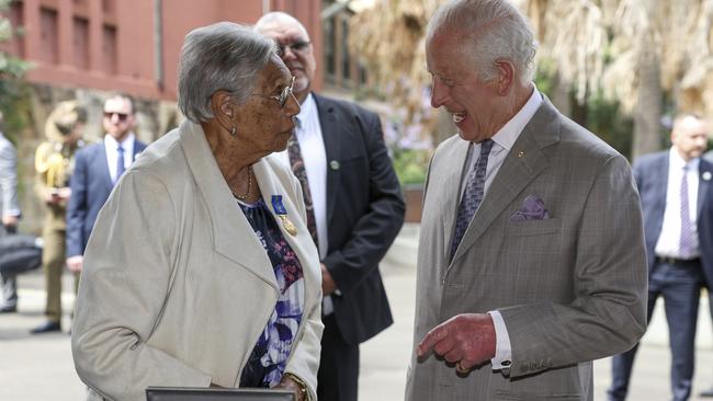King Charles III meets Aunty Beryl Van-Oploo, an Indigenous Elder and educator, during a visit to the National Centre for Indigenous Excellence. Picture: NewsWire / POOL / Toby Melville