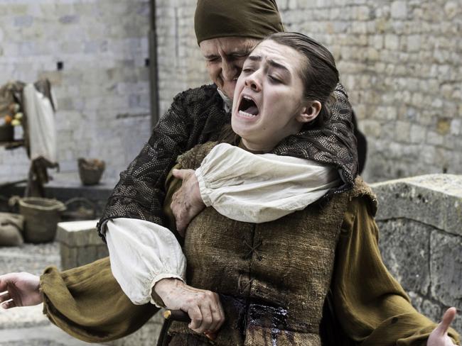 Arya Stark (Maisie Williams, front) was repeatedly stabbed in the abdomen but survived.