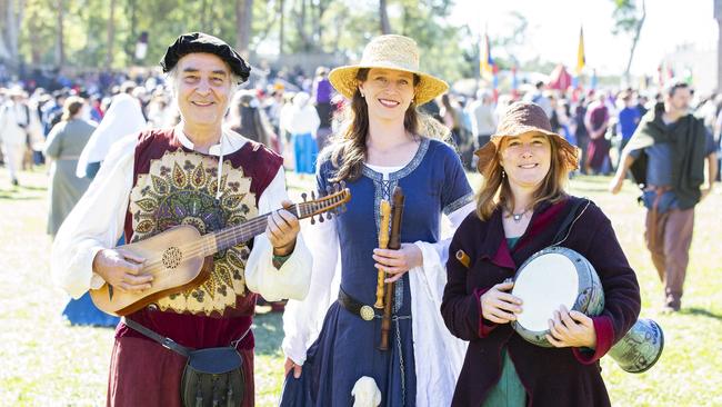 Alex Cronin, Myfanwy Dibben and Megan Cronin at the 2019 Abbey Medieval Festival in Caboolture, Sunday, July 14, 2019 (AAP Image/Richard Walker)