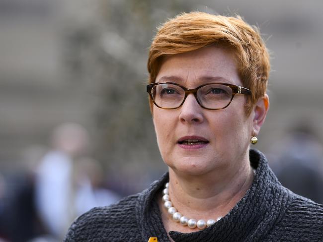 Australian Minister for Foreign Affairs and former Minister for Defence Marise Payne speaks during a National servicemen wreath laying ceremony at the Australian War Memorial in Canberra, Friday, September 7, 2018. (AAP Image/Lukas Coch) NO ARCHIVING